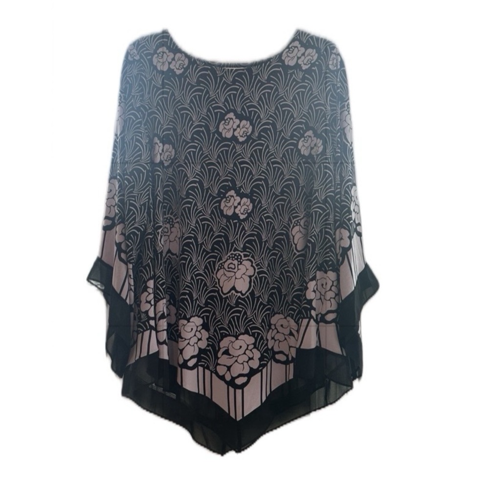 Alfani Black White Floral Blouse 1X Floral Chiffon Poncho Top‎